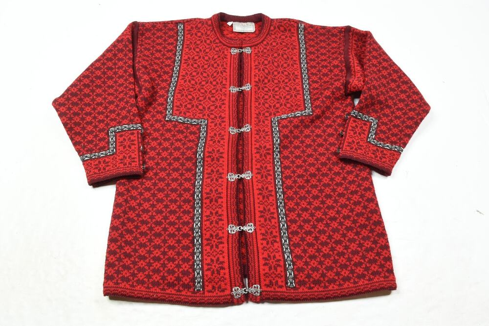 Norlender Nordic Cardigan Sweater Womens Large Red Black Wool Clasp Long Sleeve